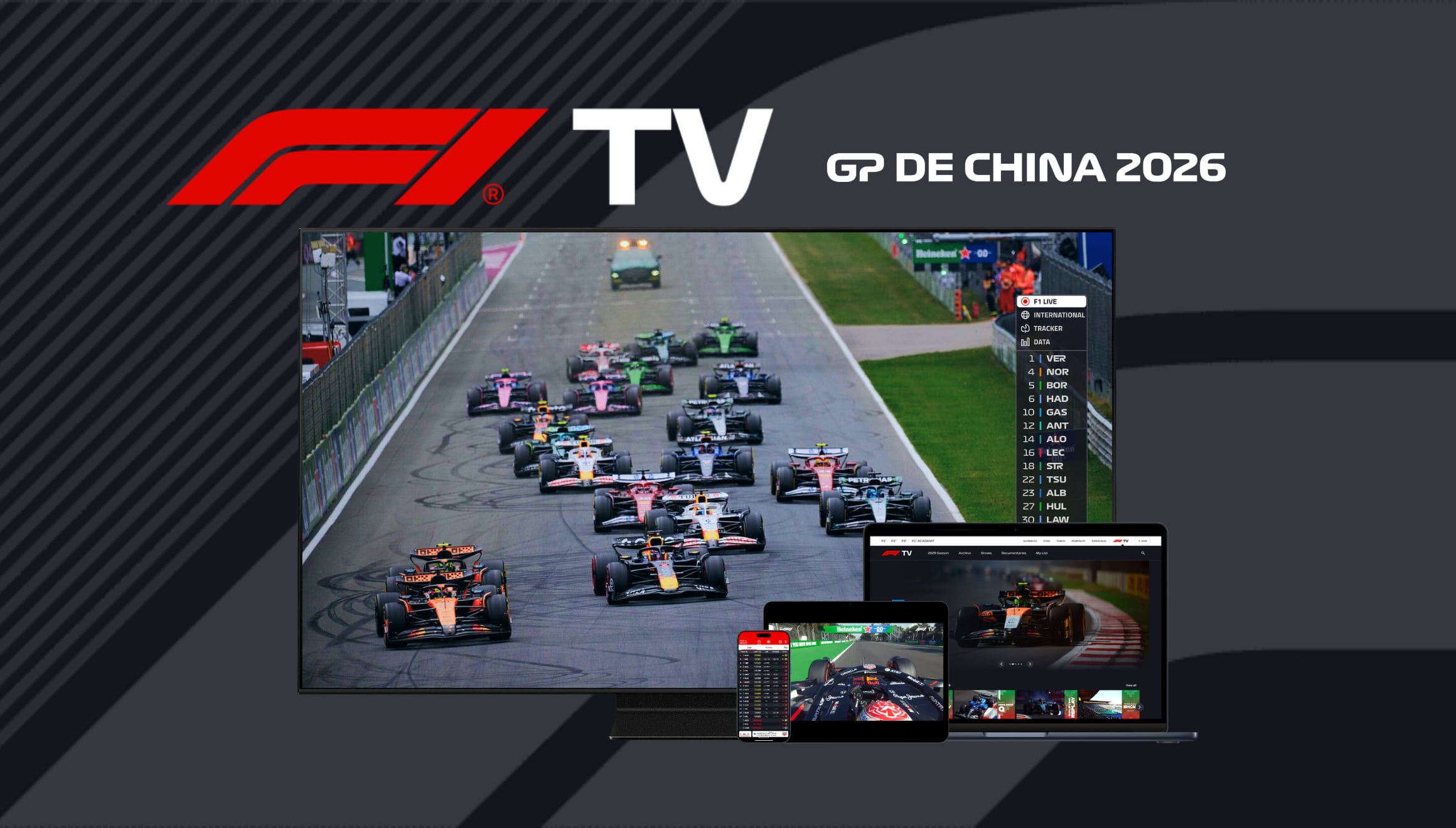 ¡Vive el GP de China 2026 en directo! Te decimos dónde ver la carrera de F1 por F1 TV en streaming y online. Sigue cada vuelta en vivo y disfruta de la mejor cobertura del Mundial de Fórmula Uno desde cualquier dispositivo. | Crédito: formula1.com / Composición Mix