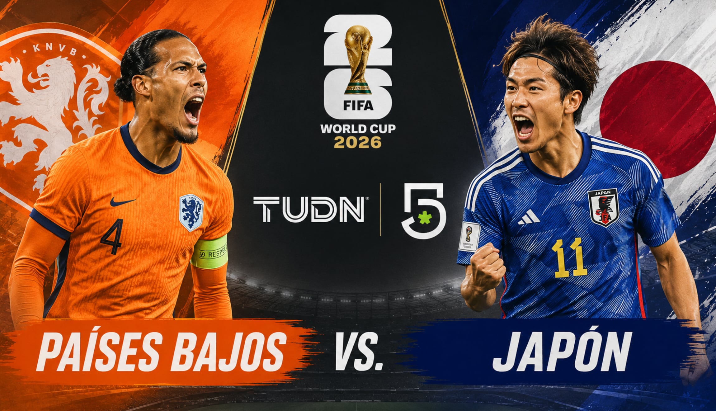 Señal abierta del Canal 5 y TUDN desde México para ver el partido de Países Bajos vs. Japón en vivo y en directo, este domingo 14 de junio, desde el AT&T Stadium, por el Mundial de Fútbol 2026. (Foto: Imagen creada por Gestión Mix utilizando la IA de Chat GPT)