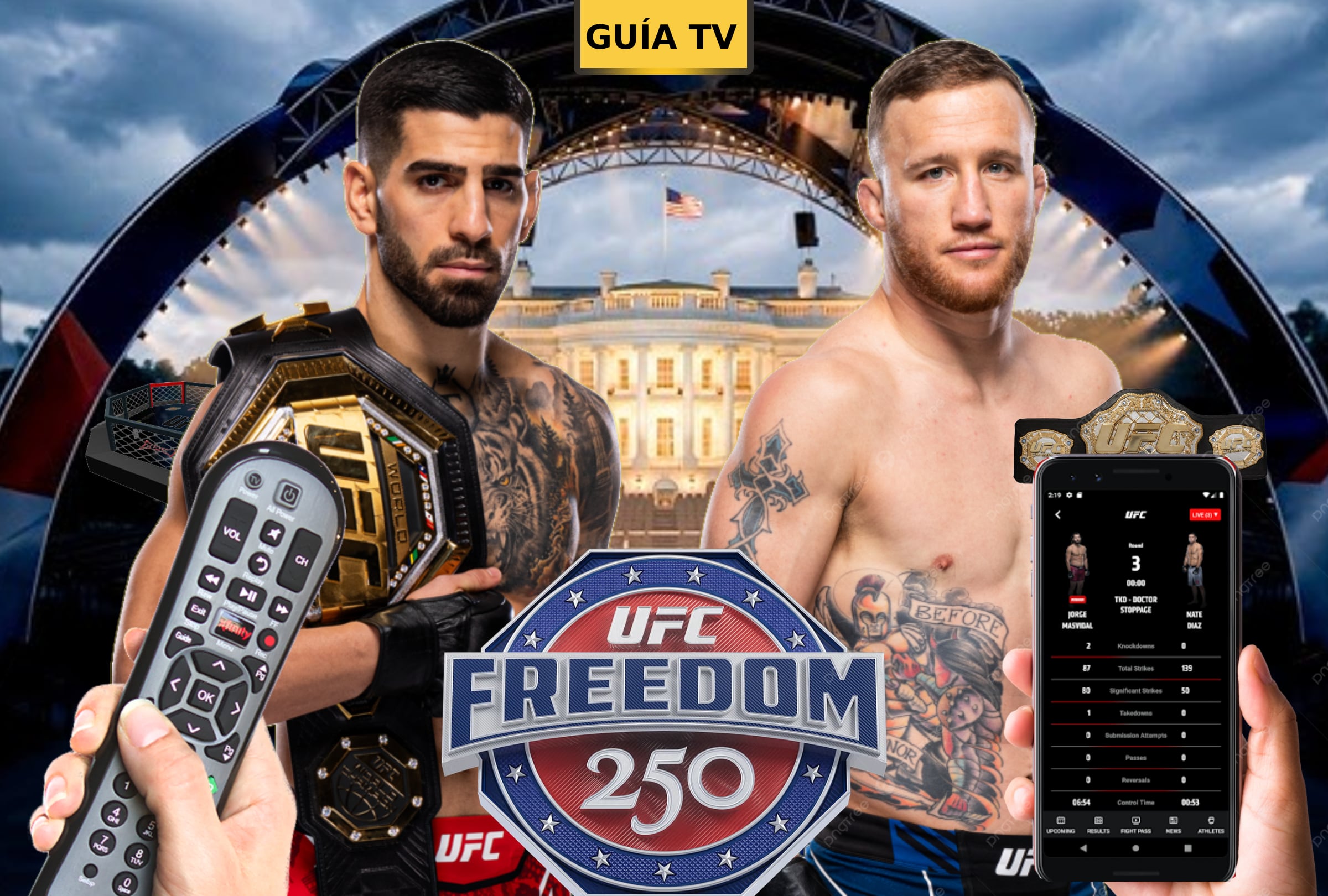 WASHINGTON, DISTRITO DE COLUMBIA (ESTADOS UNIDOS), 14/06/2026.- Lista de canales de televisión y servicios streaming para ver la pelea entre Ilia Topuria y Justin Gaethje este sábado 14 de junio por la cartelera estelar del UFC Freedom 250 en la Casa Blanca. FOTO DE UFC.COM