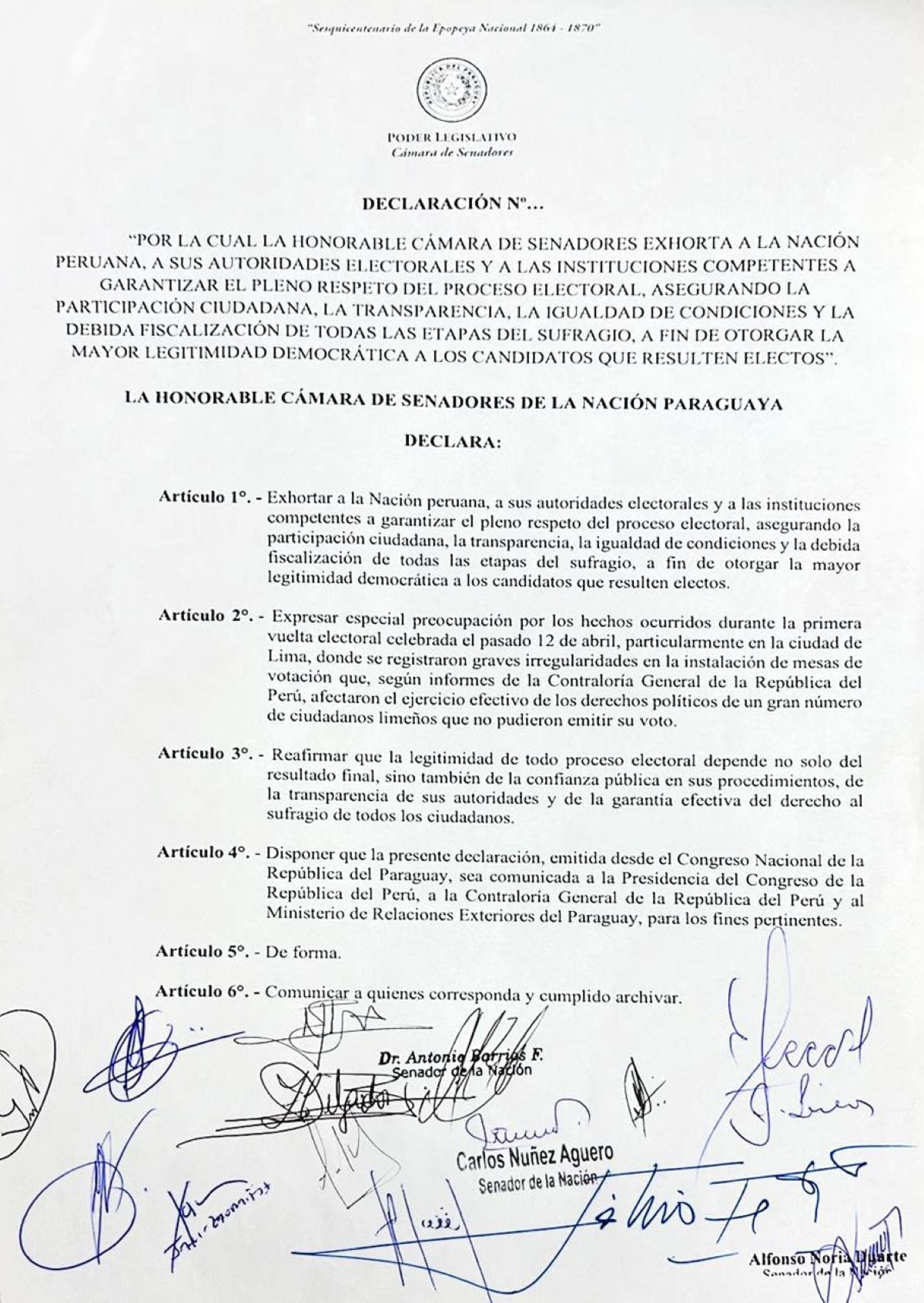 Declaración de la Cámara de Senadores de Paraguay. Foto: MML.