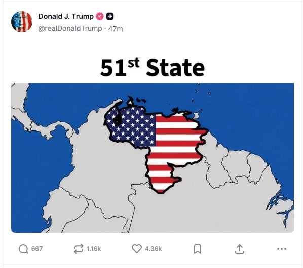 Un mapa de Venezuela con la bandera de Estados Unidos y un texto que la identifica como el estado 51, el 12 de mayo de 2026. (@realDonaldTrump / EFE)