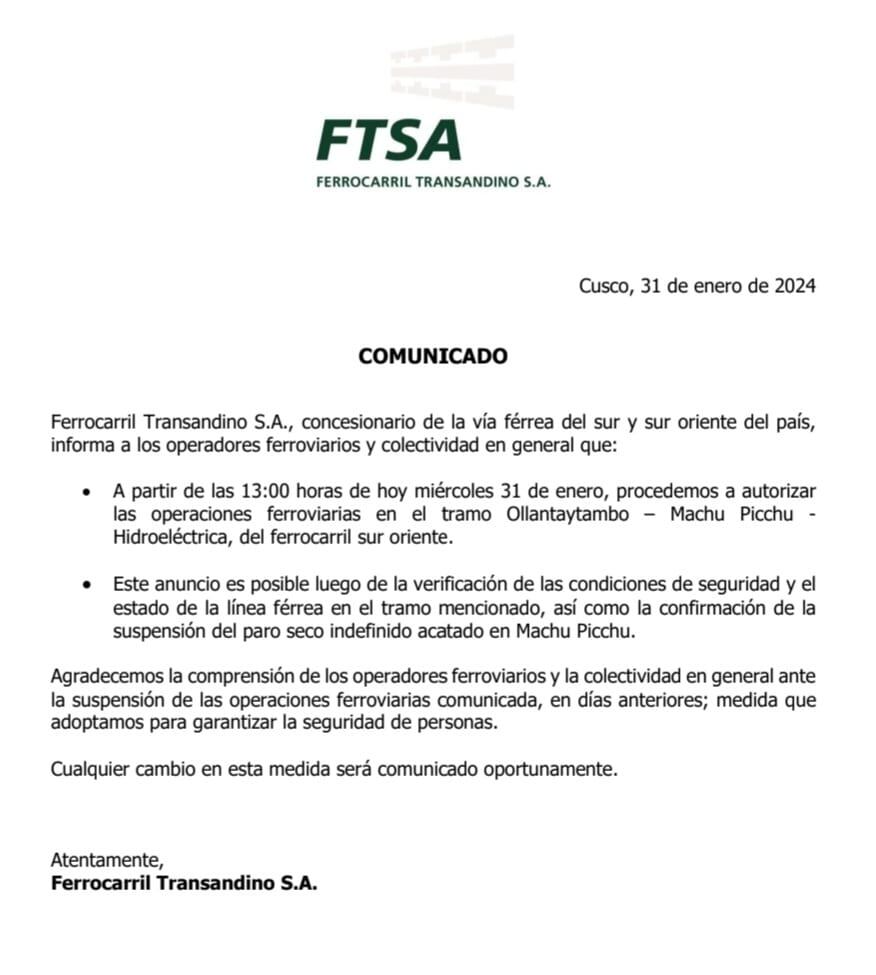 Comunicado del Ferrocarril Trasandino.