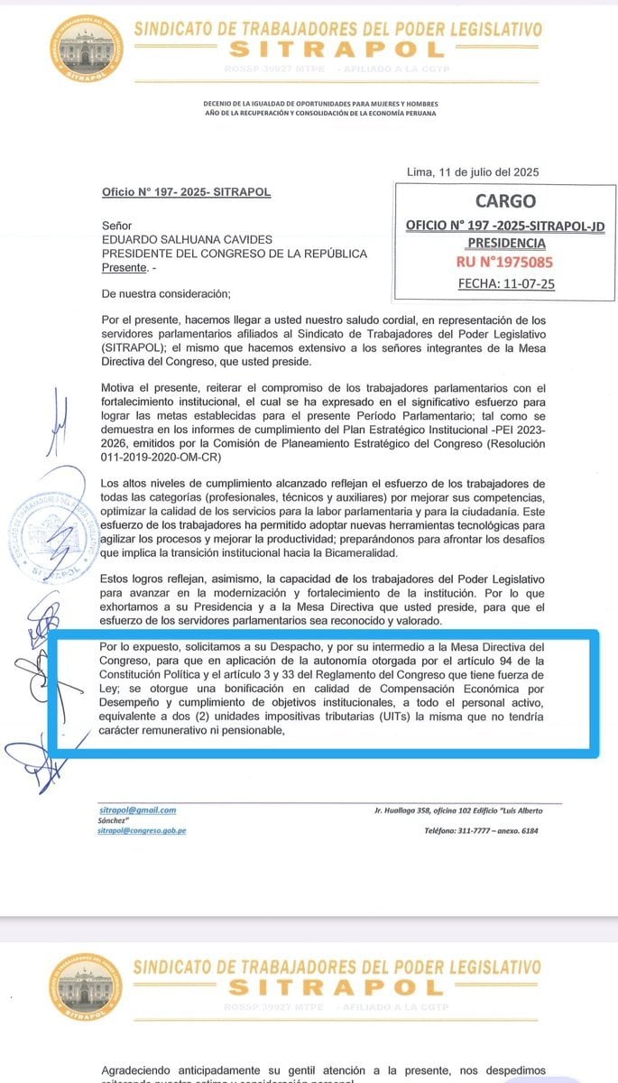 Oficio del Sitrapol que exige al presidente del Congreso, Eduardo Salhuana, la entrega de una bonificación de 2 UIT adicional a sus otros beneficios laborales. Foto: difusión / Panorama