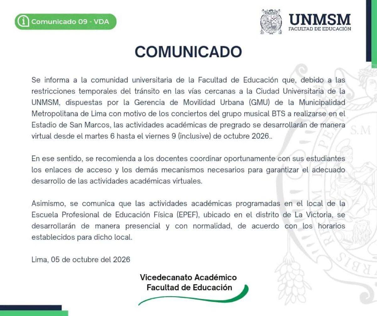 Comunicado de la Facultad de Educación de la UNMSM. Foto: Facebook.