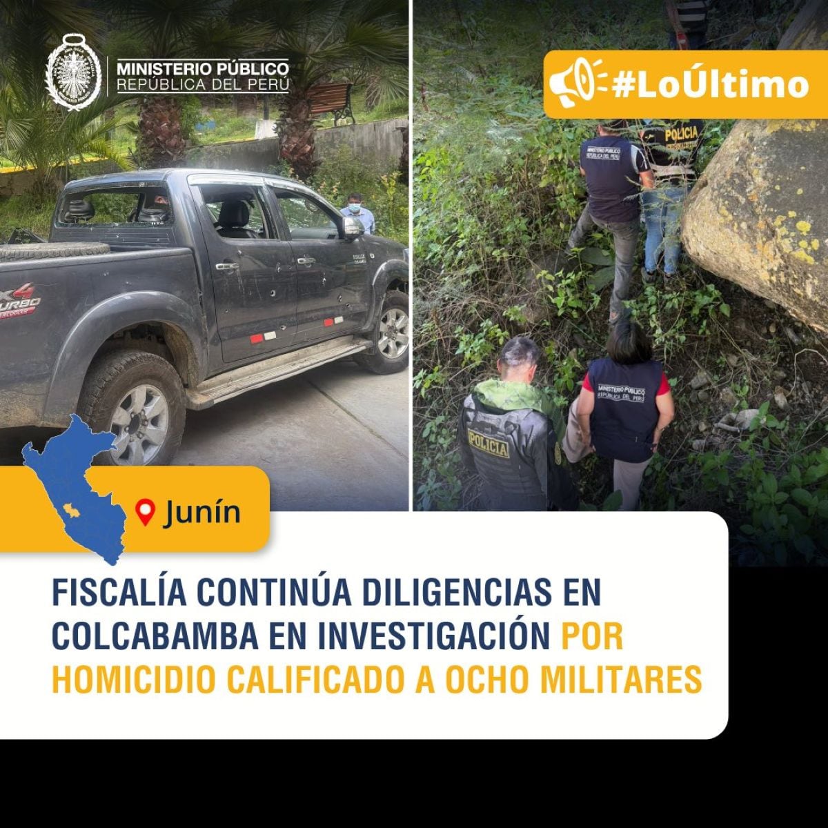 Fiscalía realiza pericias y recopila evidencias en Colcabamba para esclarecer la muerte de cinco civiles en operativo militar. Foto: X.