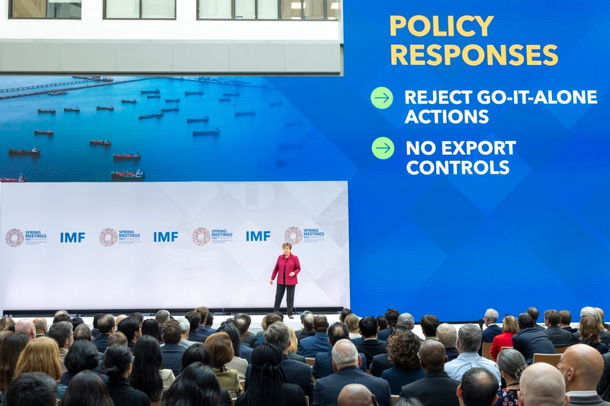 La directora gerente del Fondo Monetario Internacional (FMI), Kristalina Georgieva, pronuncia un discurso durante su acto inaugural en la sede del FMI en Washington, D.C., EE. UU., el 9 de abril de 2026. Las Reuniones de Primavera del FMI y el Banco Mundial se celebrarán del 13 al 18 de abril en Washington, D.C. EFE/EPA/SHAWN THEW