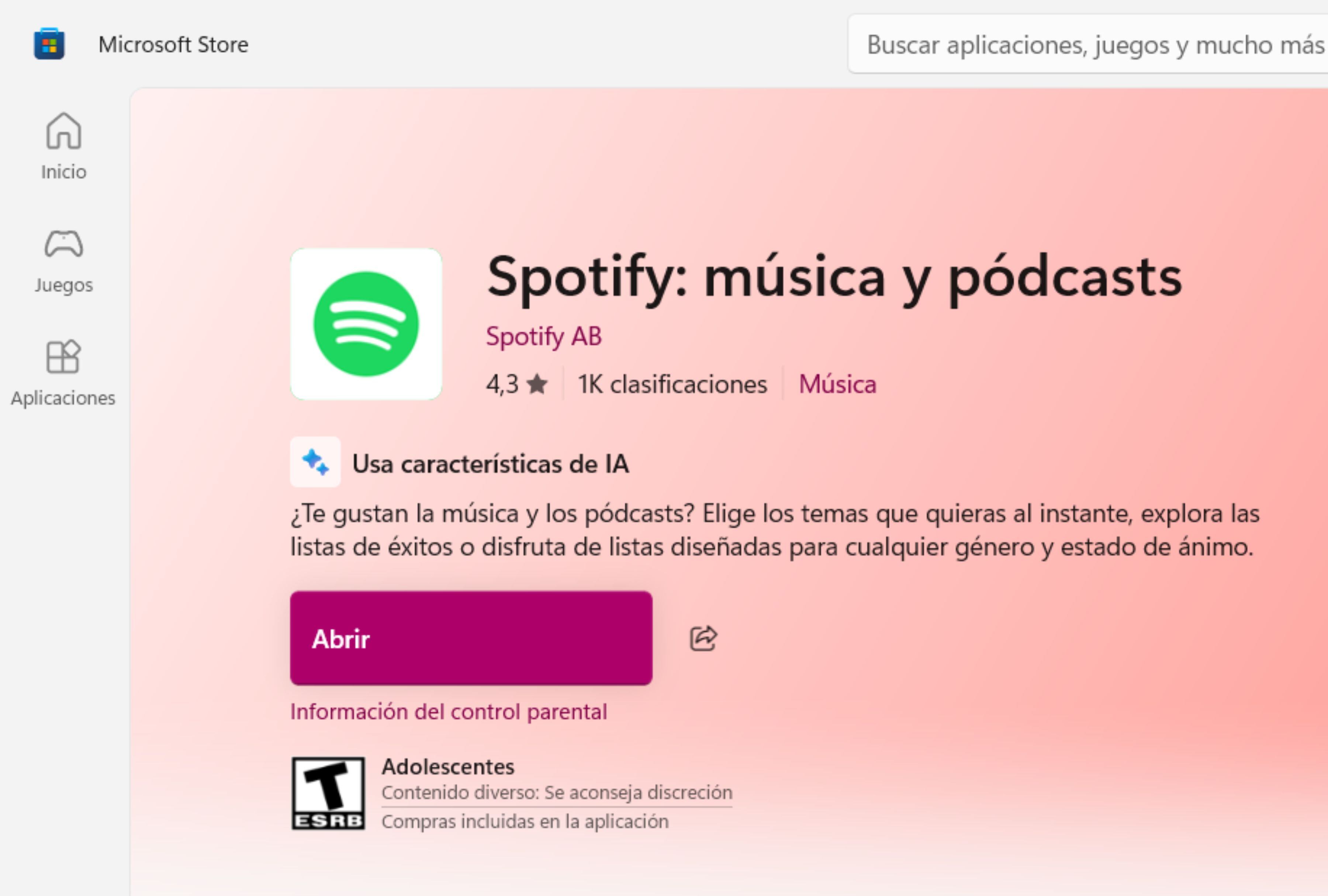 La aplicación de Spotify en la tienda de Microsoft. (Foto: MAG)