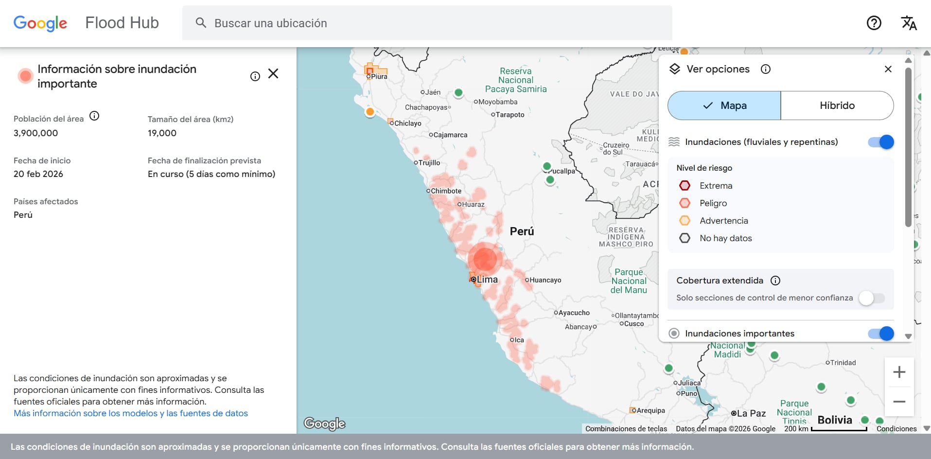 El mapa de Google Flood Hub en Perú muestra las zonas con mayor riesgo de inundación y posibles desbordes de ríos. | Crédito: Google Flood Hub