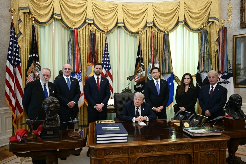 (L-R) US Ambassador to Israel Mike Huckabee, Israel Ambassador to US Yechiel Leiter, US Vice President JD Vance, US President Donald Trump, US Secretary of State Marco Rubio, Lebanon Ambassador to the US Nada Hamadeh Moawad and US Ambassador to Lebanon Michel Issa listen to questions from the media during a meeting with Lebanon Ambassador to the US and Israel Ambassador to the US, at the White House in Washington, DC on April 23, 2026. US President Donald Trump met Lebanese and Israeli envoys at a new round of peace talks Thursday, with Beirut seeking a one-month extension of a shaky ceasefire set to expire. (Photo by Brendan SMIALOWSKI / AFP)