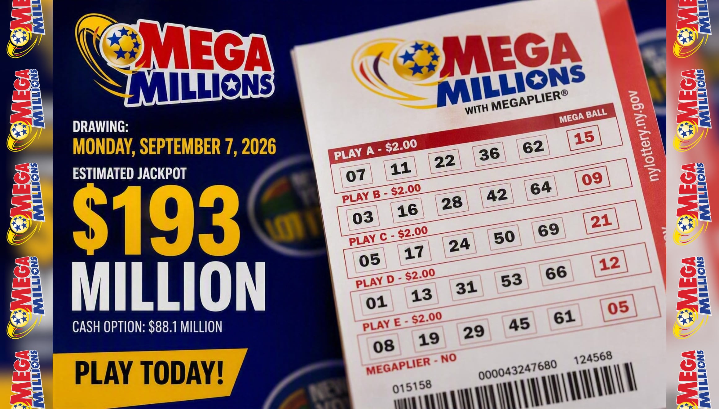 Tiquete del Mega Millions mostrando una de las posibles combinaciones del jackpot en vísperas del sorteo de 193 millones de dólares del martes 8 de septiembre de 2026. Consulta los resultados completos de la jornada. | Imagen referencial creada por Gestión Mix utilizando la IA de Copilot