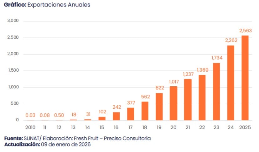arándanos, evolución de sus exportaciones anuales. Fuente: Fresh Fruit
