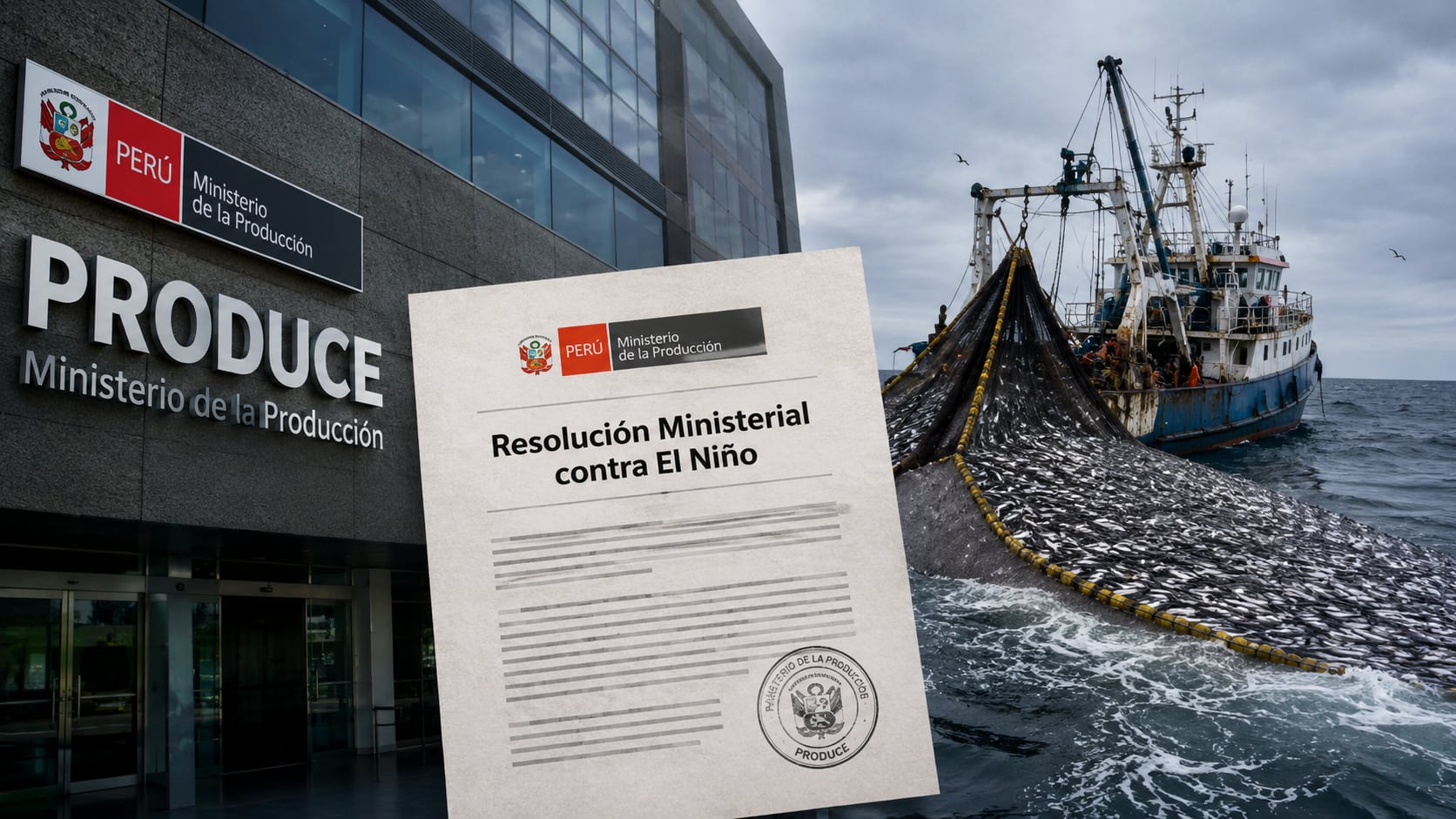 Hasta junio, la proyección que tenía el Produce era de una caída del 23% para el sector pesquero, a consecuencia del fenómeno. Sin embargo, con los últimos reportes del ENFEN, Quispe reconoció que han actualizado sus datos, basados en tres escenarios.Fotocomposición: ChatGPT, Alessandro Azurín, Diario Gestión.