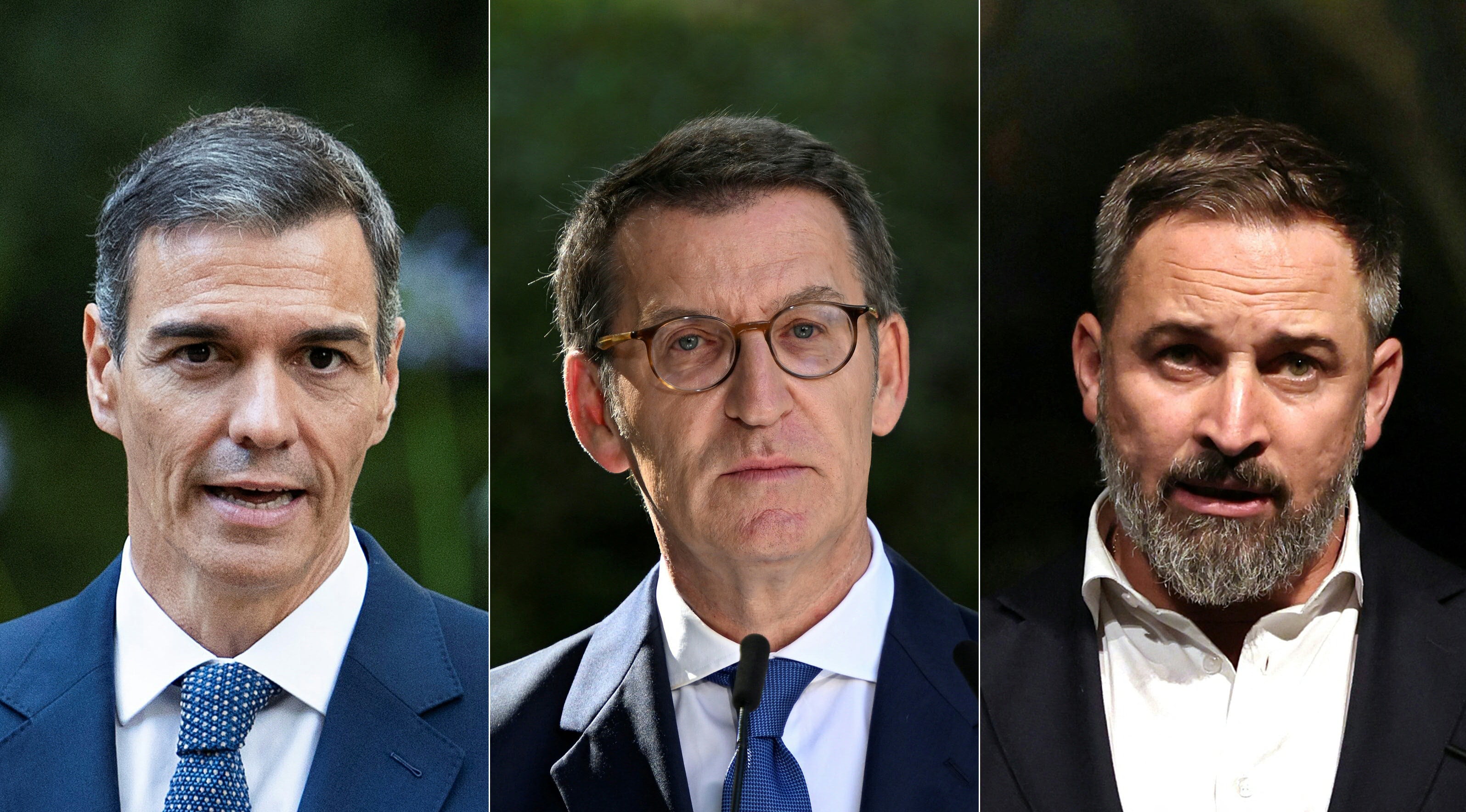 De izquierda a derecha, el presidente del Gobierno español, Pedro Sánchez; al líder del Partido Popular, Alberto Núñez Feijóo; y el líder del partido de extrema derecha Vox, Santiago Abascal. (Foto de AFP).