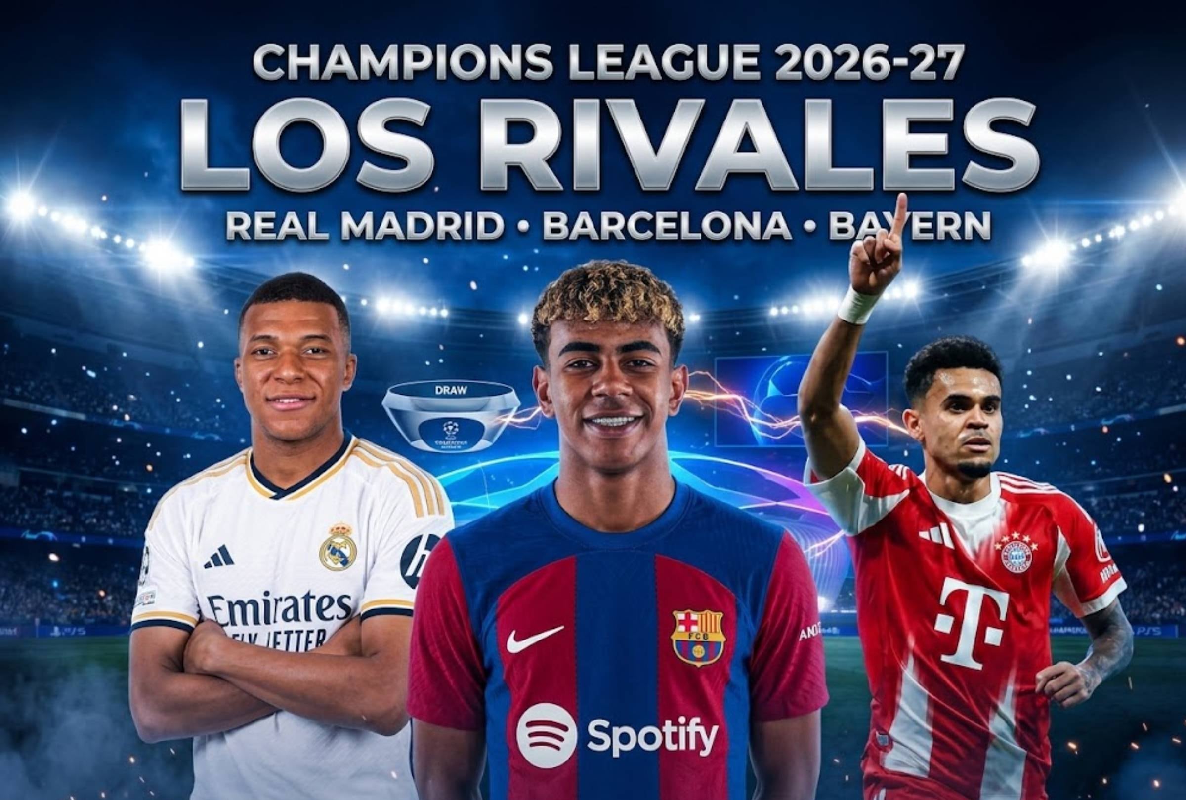 Revisa los rivales de Real Madrid, Bayern Múnich y Barcelona en la fase liga de la Champions League. Los tres equipos son candidatos para llevarse el título. FOTO: Imagen creada por la IA de Gemini.