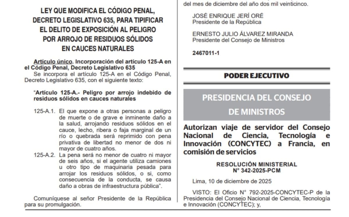 El artículo 125-A incorpora penas más severas contra quienes convierten los cauces en vertederos. Foto: Normas Legales El Peruano.