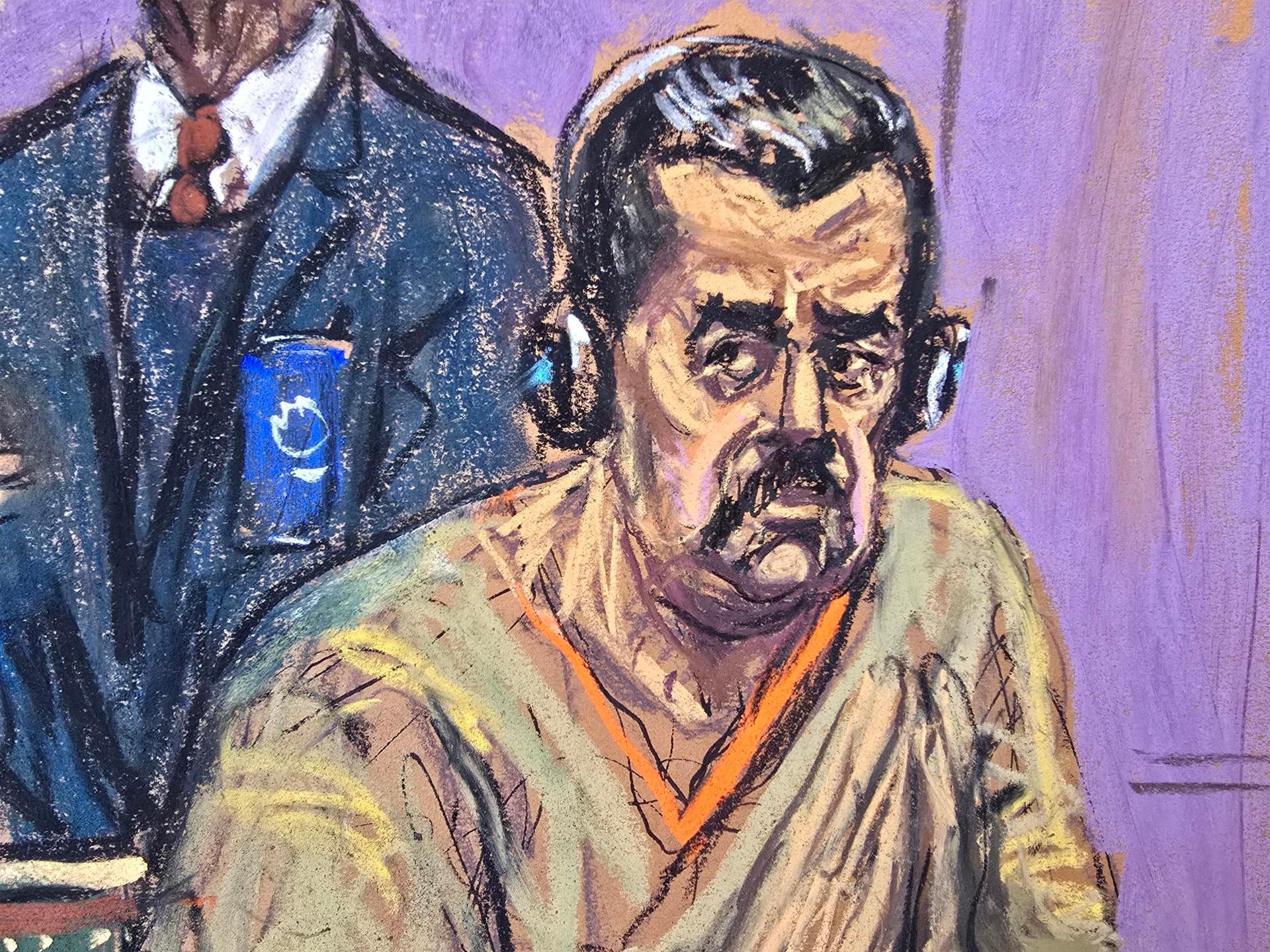 Un dibujo realizado por la artista Jane Rosenberg donde aparece el depuesto mandatario de Venezuela, Nicolás Maduro, durante su comparecencia ante un tribunal federal en Nueva York. (EFE/ Jane Rosenberg).