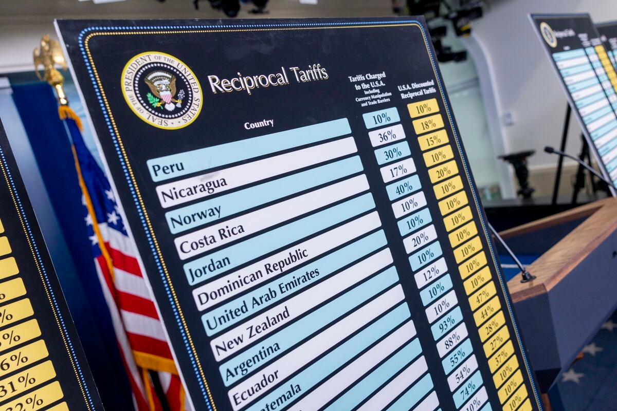 Gráficos con los aranceles que el presidente Donald Trump impuso por país el Día de la Liberación se muestran en la sala de prensa de la Casa Blanca en Washington, D.C., EE.UU., el 3 de abril de 2025. Foto: EFE/EPA/SHAWN THEW