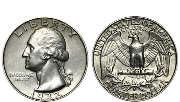La moneda de 25 centavos de 1932 se caracteriza por tener el rostro de George Washington y una águila en la parte posterior (Foto: USA Coin Book)