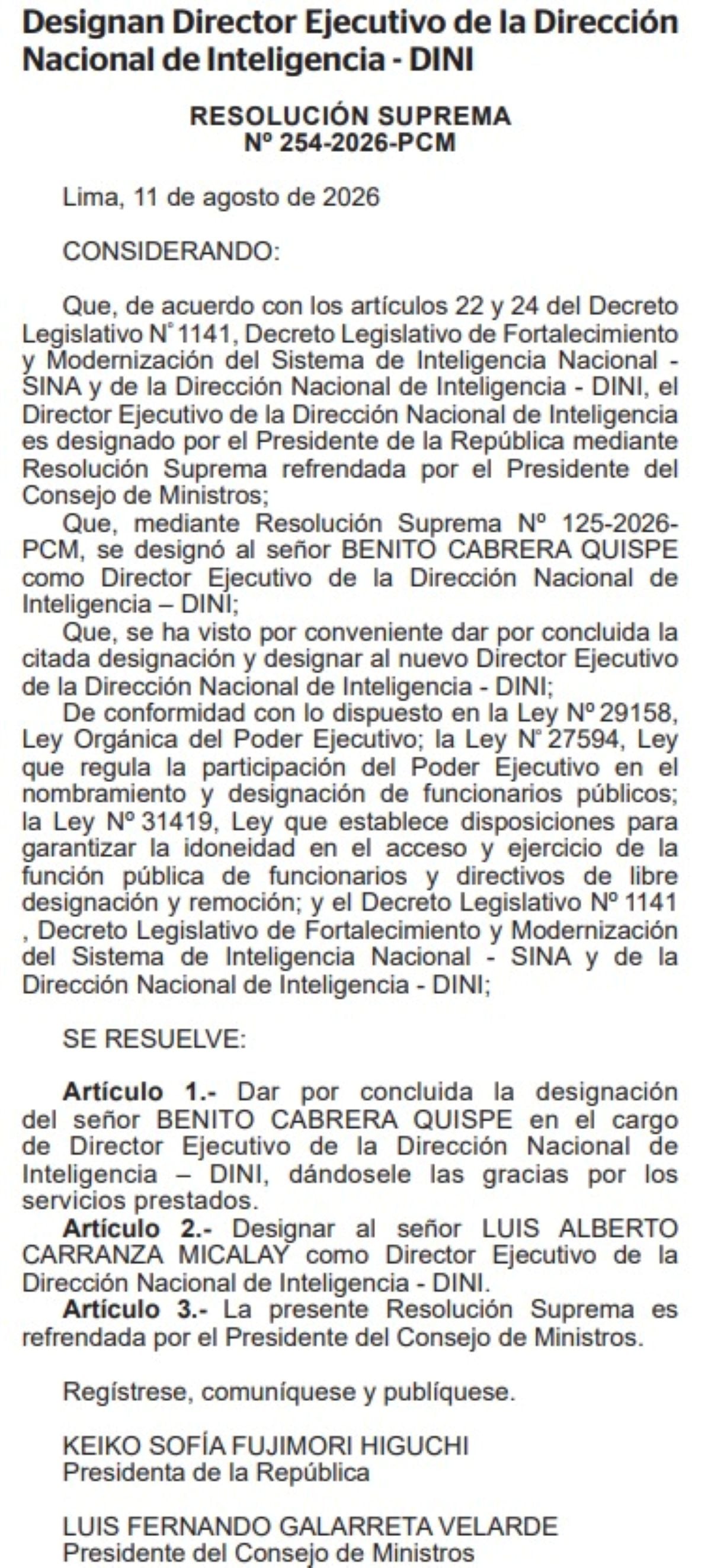 Luis Alberto Carranza Micalay fue designado como nuevo director ejecutivo de la Dirección Nacional de Inteligencia (DINI). Foto: Normas Legales.
