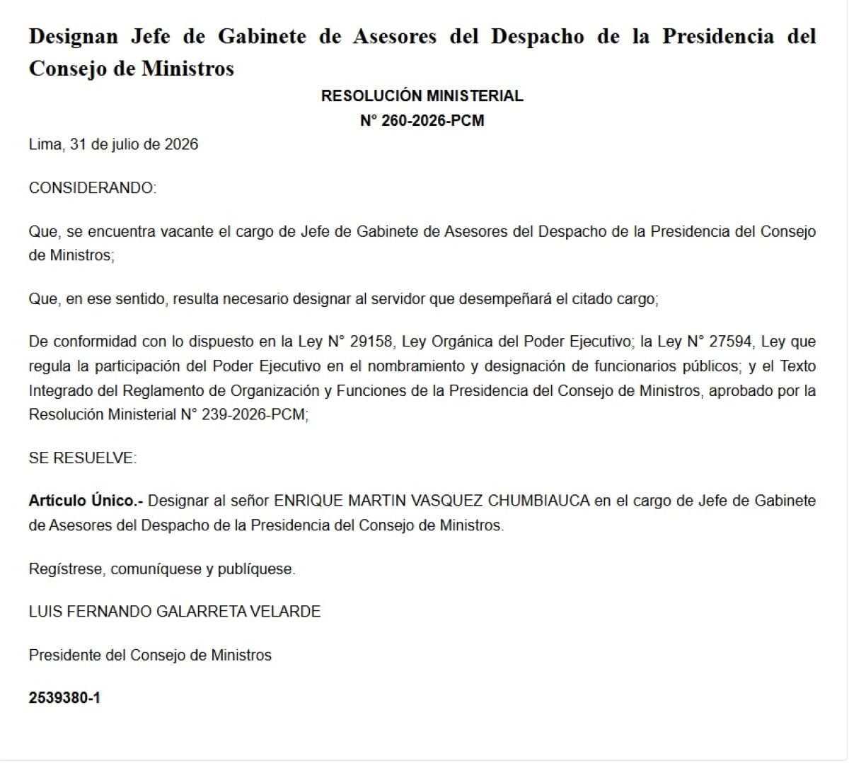 Enrique Martín Vásquez Chumbiauca fue designado como jefe del Gabinete de Asesores de la Presidencia del Consejo de Ministros. Foto: El Peruano.