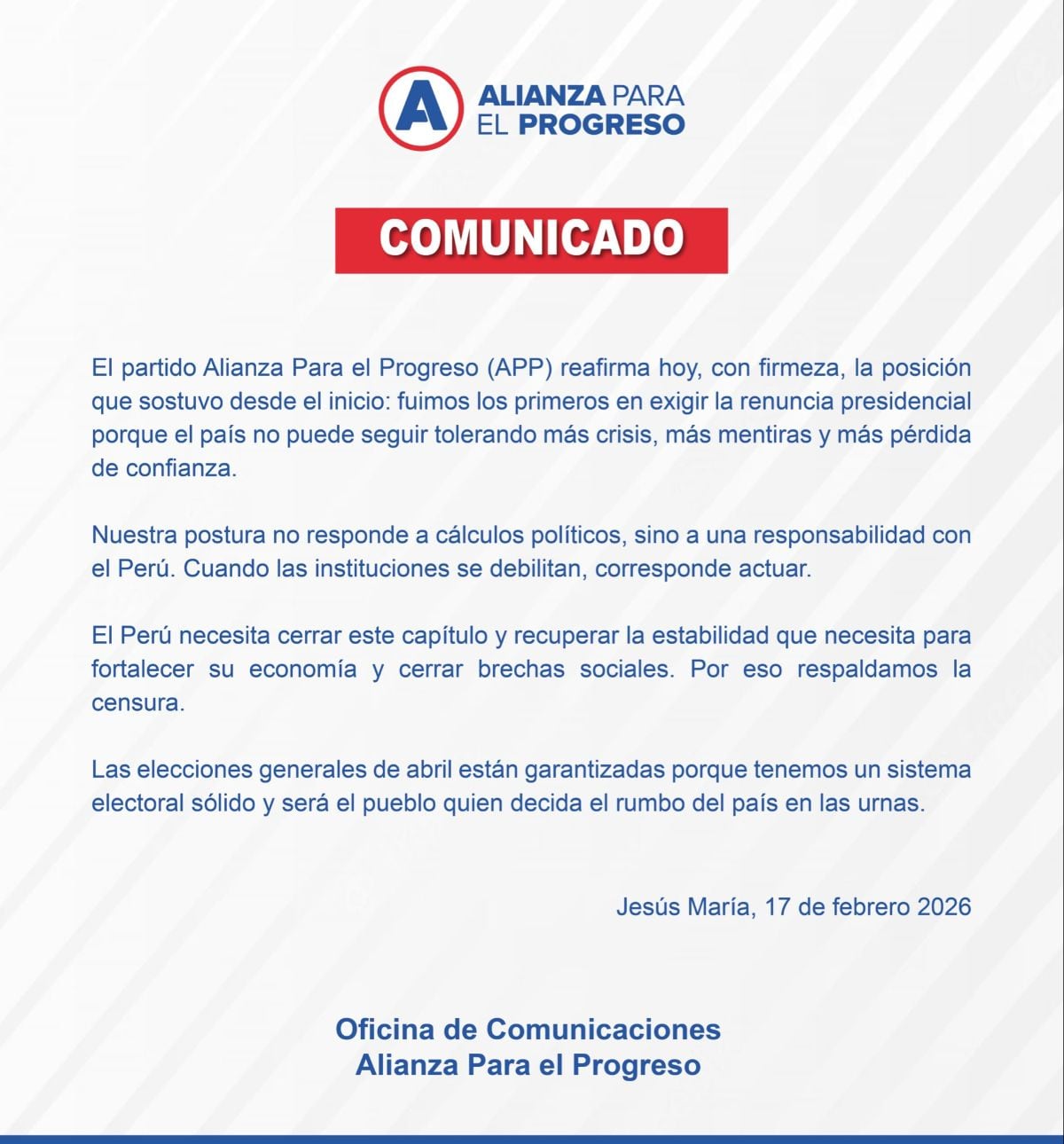 Comunicado de Alianza para el Progreso tras censura a José Jerí. Foto: X.