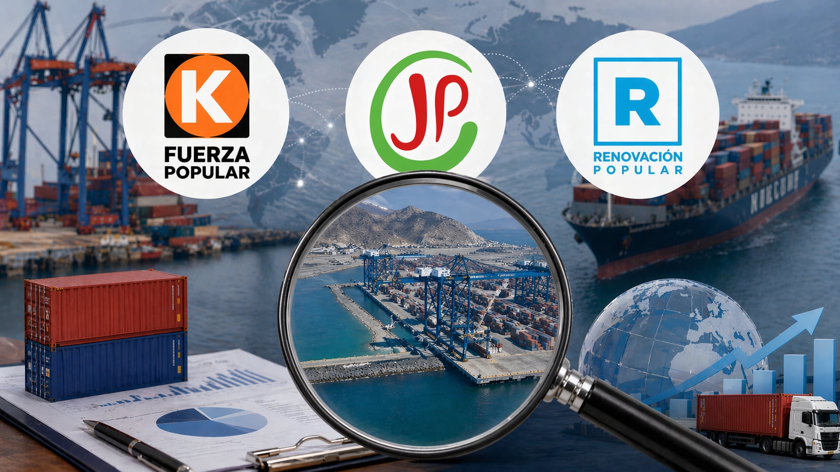 Fuerza Popular es el único de los tres que menciona directamente al puerto de Chancay en su plan de gobierno, pero los otros dos candidatos han sido cercanos a la inversión. Fotocomposición: ChatGPT, Alessandro Azurín, Diario Gestión.