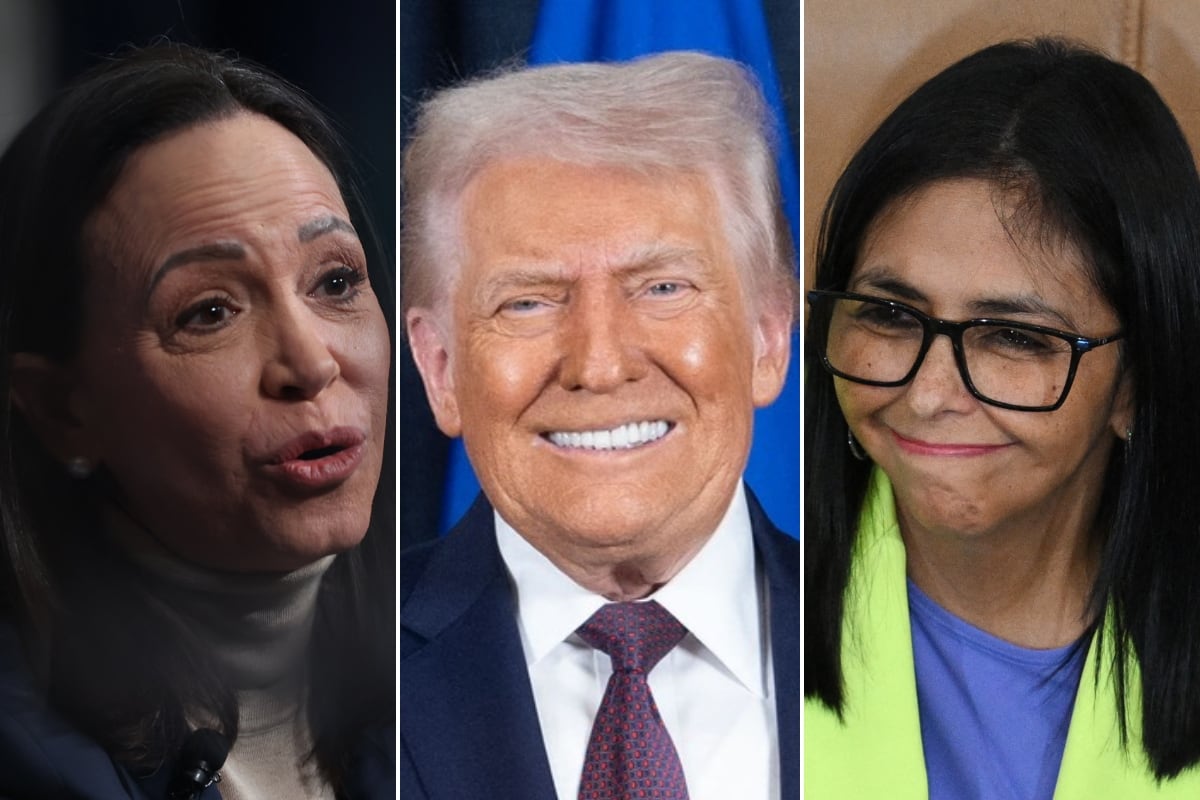 La líder opositora venezolana, María Corina Machado; el presidente de Estados Unidos, Donald Trump; y la presidenta encargada de Venezuela, Delcy Rodríguez. (Alex WROBLEWSKI / Servicio de Prensa de la Presidencia de Ucrania / Federico PARRA / AFP)