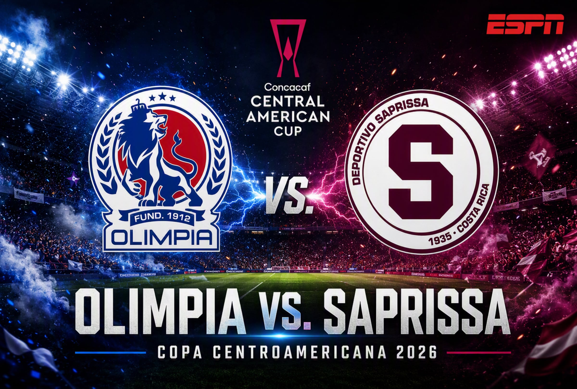 TEGUCIGALPA, DEPARTAMENTO DE FRANCISCO MORAZÁN, HONDURAS, (27-08-2026).- ESPN y Disney transmitirán el partido de Olimpia vs. Saprissa que se realizará hoy en el Estadio José de la Paz Herrera "Chelato Uclés" por la última fecha del Grupo C de la Copa Centroamericana 2026. FOTO: Imagen creada por la IA de Copilot.