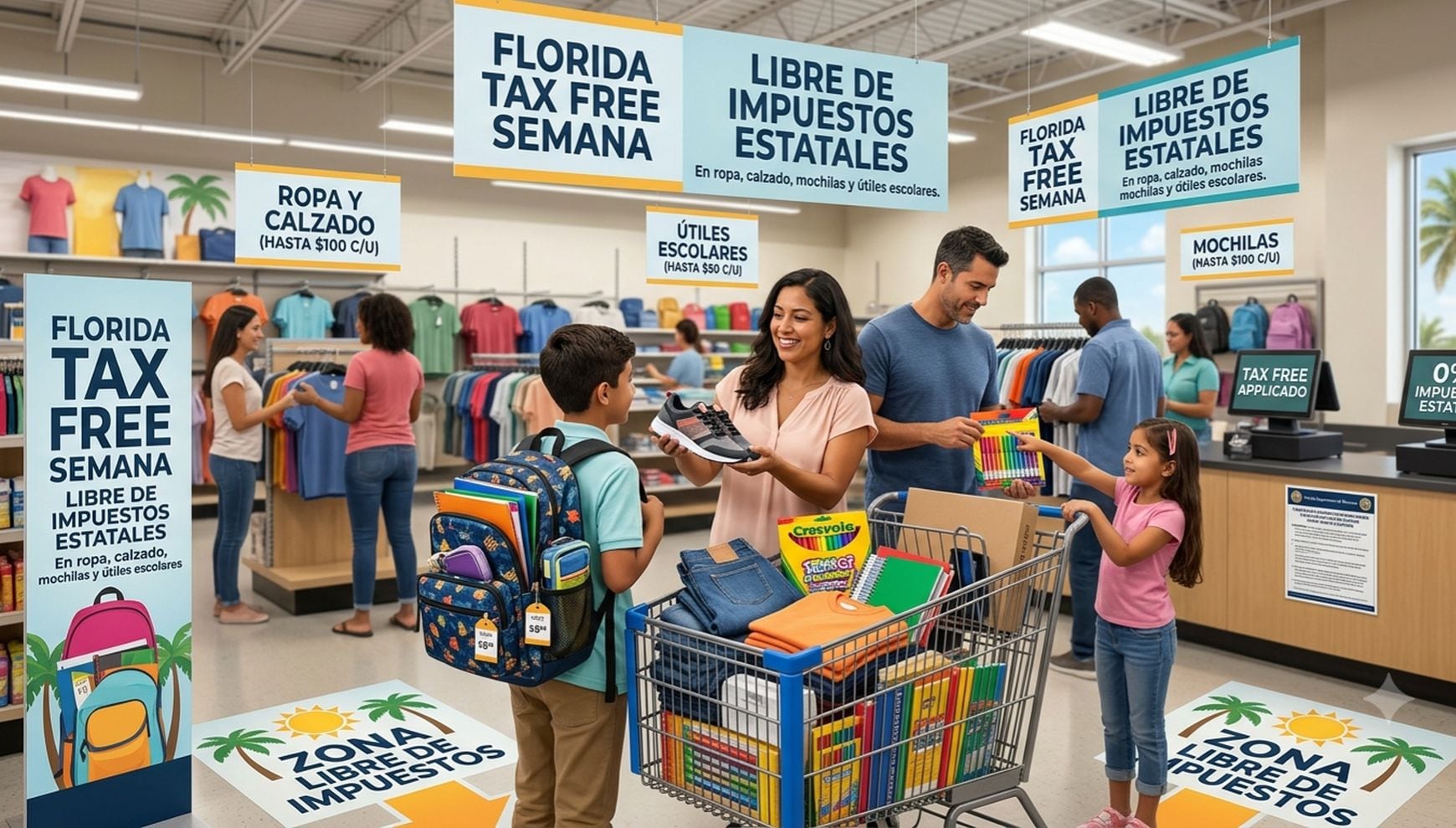Durante el Florida Back‑to‑School Sales Tax Holiday, las familias pueden comprar ropa, útiles, materiales educativos y computadoras para el regreso a clases sin sumar el impuesto estatal sobre ventas en cada artículo elegible (Foto: Imagen creada por Gestión MIX usando Gemini)