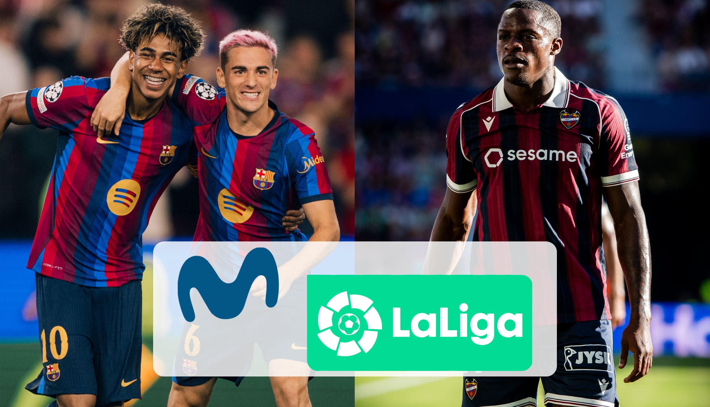 Señal de Movistar LaLiga y Movistar Plus en directo, para ver FC Barcelona - Levante, por la Jornada 5 de LaLiga de España 2026-27. (Fotos: @fcbarcelona / @levanteud / Composición Gestión Mix)
