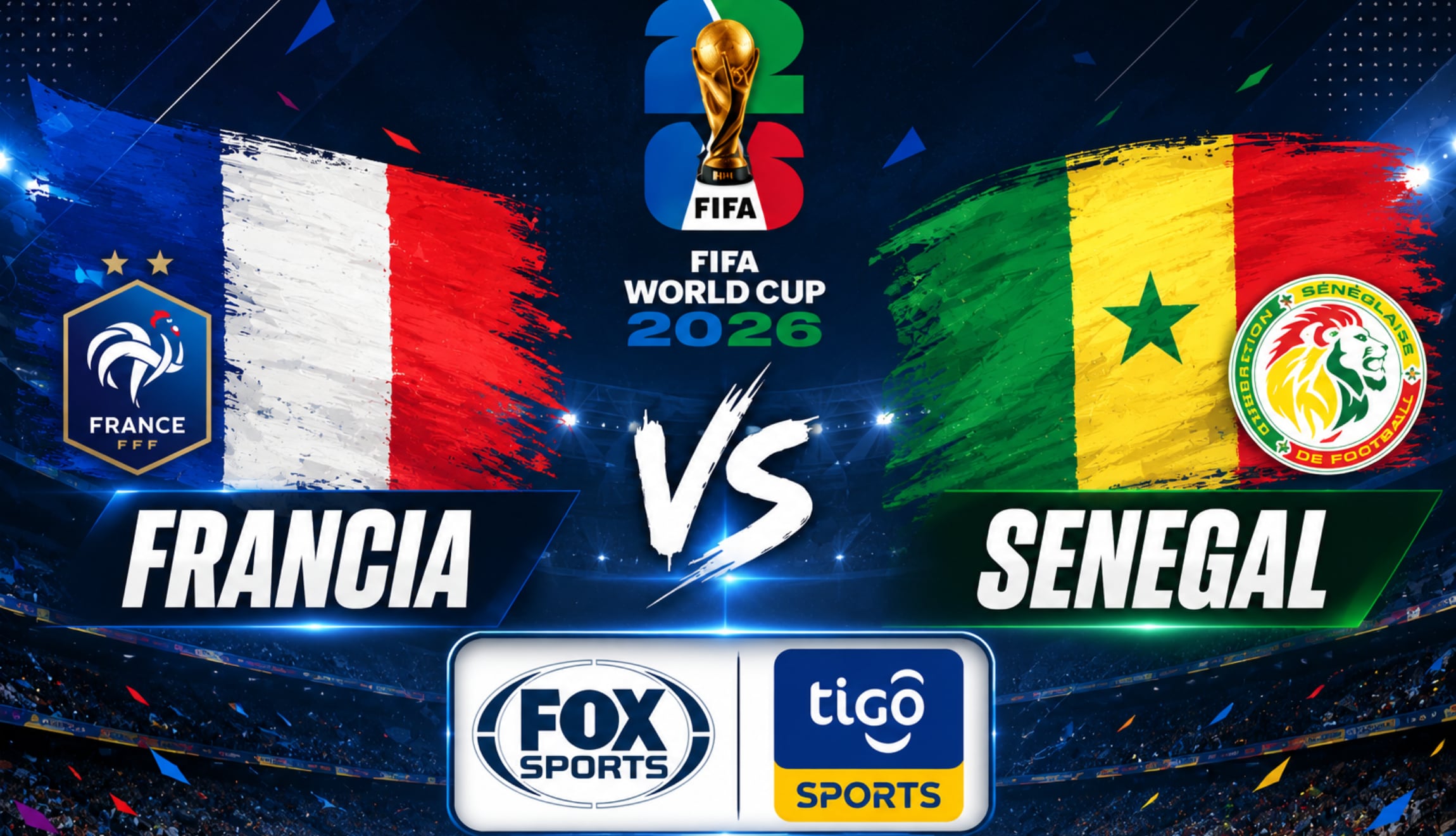 Señal de Fox Sports y TiGo Sports EN VIVO para seguir la transmisión de Francia vs. Senegal en directo, este martes 16 de junio, por la Jornada 1 del Mundial de Fútbol 2026. (Foto: Imagen creada por Gestión Mix utilizando la IA de Chat GPT)