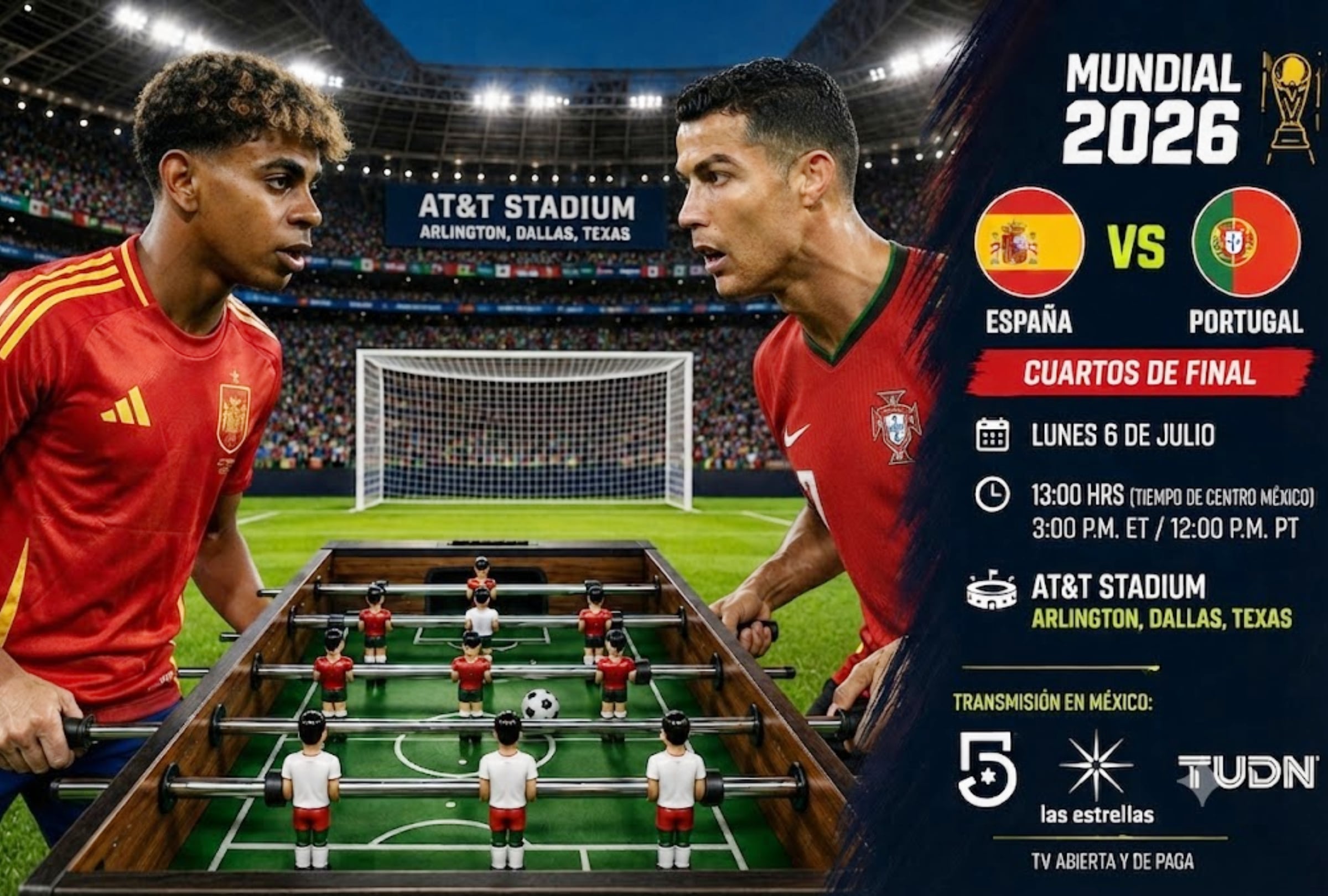 DALLAS, TEXAS (ESTADOS UNIDOS), 06/07/2026.- Cobertura oficial de TUDN y CANAL 5 EN VIVO GRATIS para mirar la transmisión en México del partido España vs. Portugal hoy, con Lamine Yamal y Cristiano Ronaldo, por los octavos de final del Mundial 2026 en el AT&T Stadium de Arlington en Dallas, Texas (Estados Unidos). FOTO DE NOÉ YACTAYO