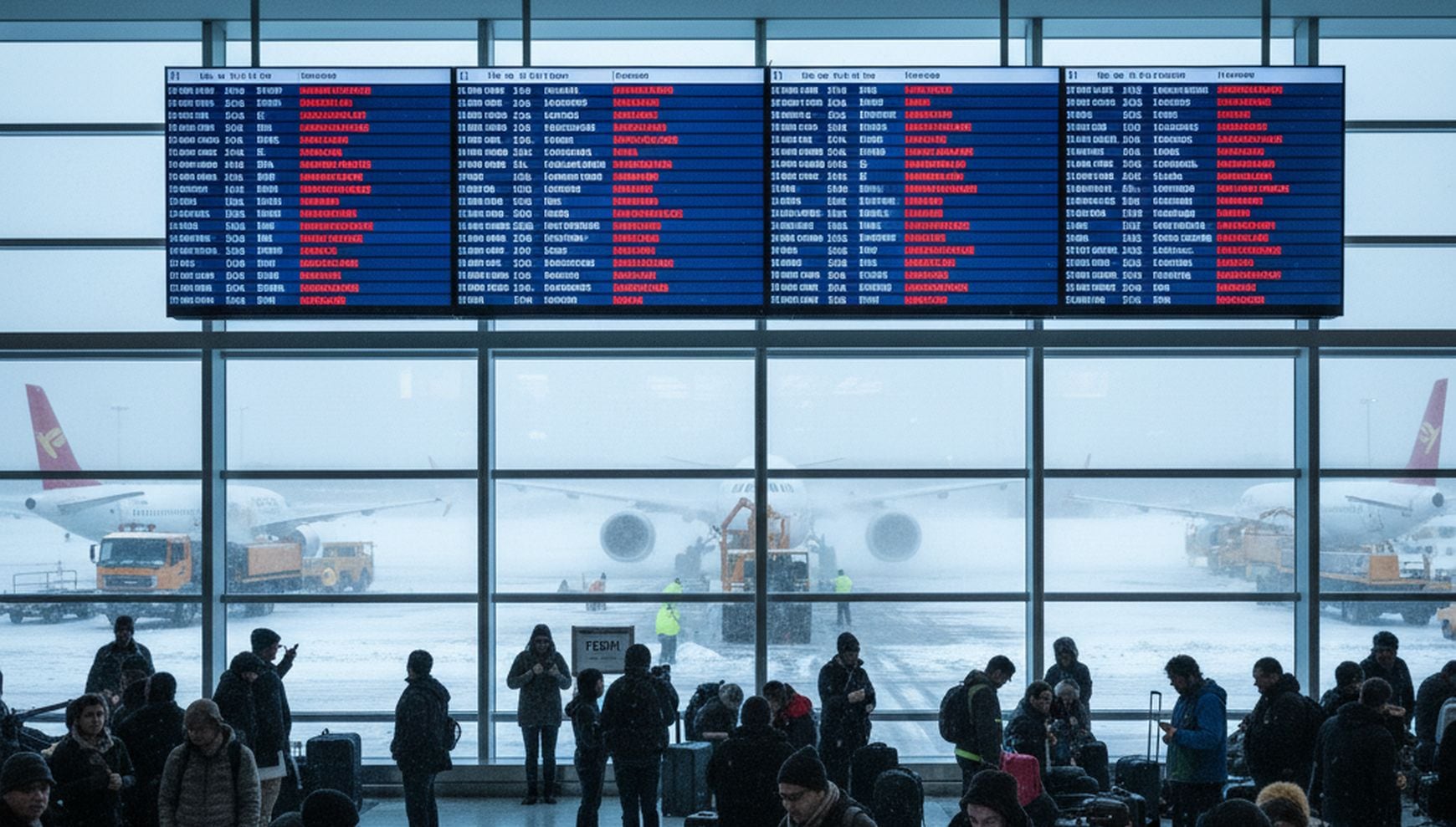 Aerolíneas anuncian cambios gratis y reembolsos antes la cancelación de vuelos por la tormenta invernal (Crédito: Imagen creada por Gestión MIX usando la IA de Perplexity)