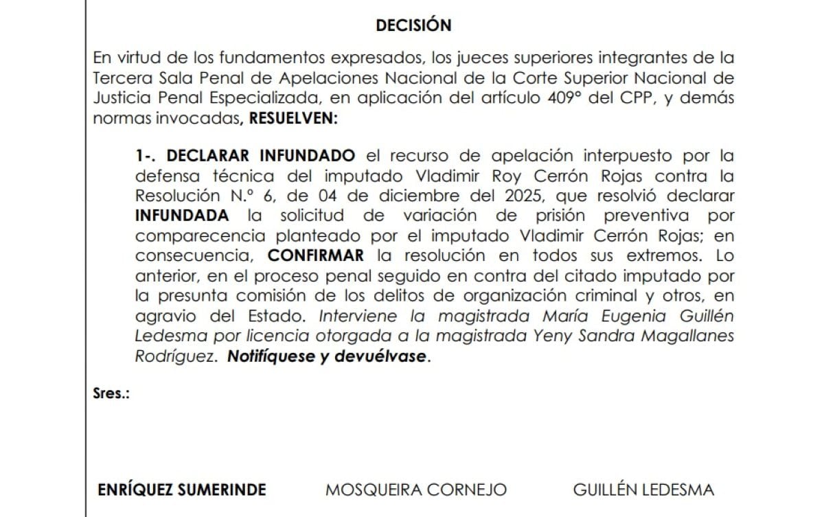 La Tercera Sala Penal de Apelaciones Nacional confirmó la prisión preventiva contra el líder de Perú Libre, Vladimir Cerrón. Foto: Captura.