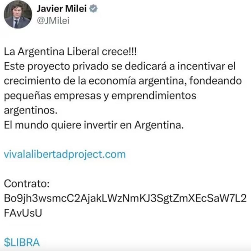 Milei usó su cuenta de X para difundir el lanzamiento de $LIBRA. El mensaje fue borrado poco después. Foto: captura X