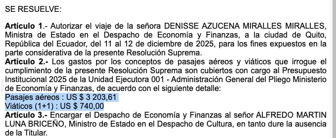 Viáticos autorizados para el caso de la ministra de Economía y Finanzas, Denisse Miralles. Foto: Normas Legales El Peruano.