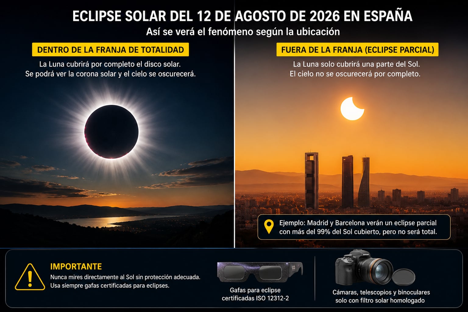 MADRID (ESPAÑA), 12/08/2026.- La diferencia entre un eclipse solar total y uno parcial es evidente: dentro de la franja de totalidad la Luna cubre por completo el disco solar, mientras que fuera de ella queda una parte del Sol visible. FOTO DE NOÉ YACTAYO