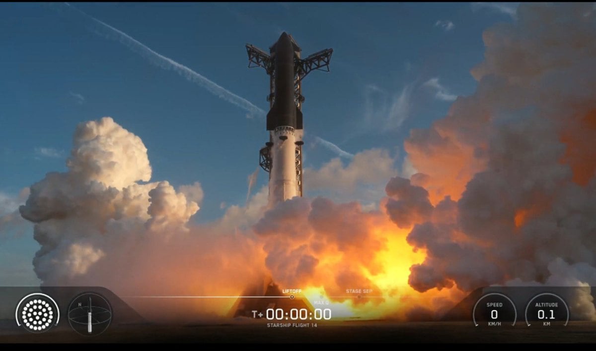 Captura de video tomado de la cuenta oficial en X de SpaceX donde que muestra el cohete Starship despegando este lunes desde la base de Starbase, el complejo de SpaceX en el extremo sur de Texas (EE.UU.). SpaceX logró poner en órbita terrestre el Starship, en la decimocuarta prueba de vuelo de la poderosa nave, un "enorme hito" para la compañía de Elon Musk y el programa que abre el camino hacia su objetivo de lograr un sistema completamente reutilizable. EFE/SpaceX