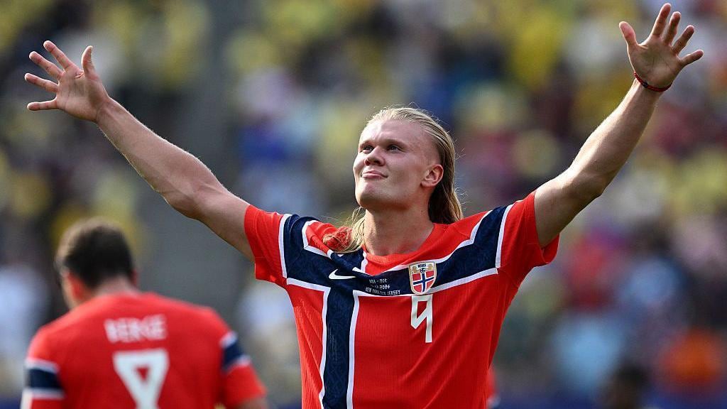 Erling Haaland, de Noruega, celebra su gol durante el partido de octavos de final de la Copa Mundial de la FIFA 2026 frente a Brasil.