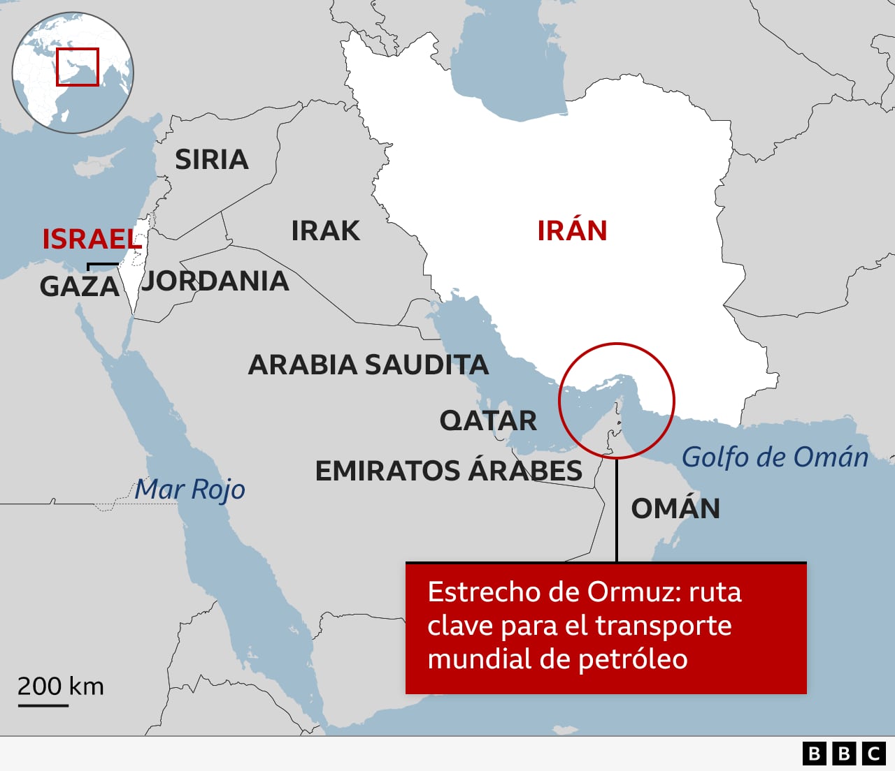 Mapa que muestra la ubicación del estrecho de Ormuz.