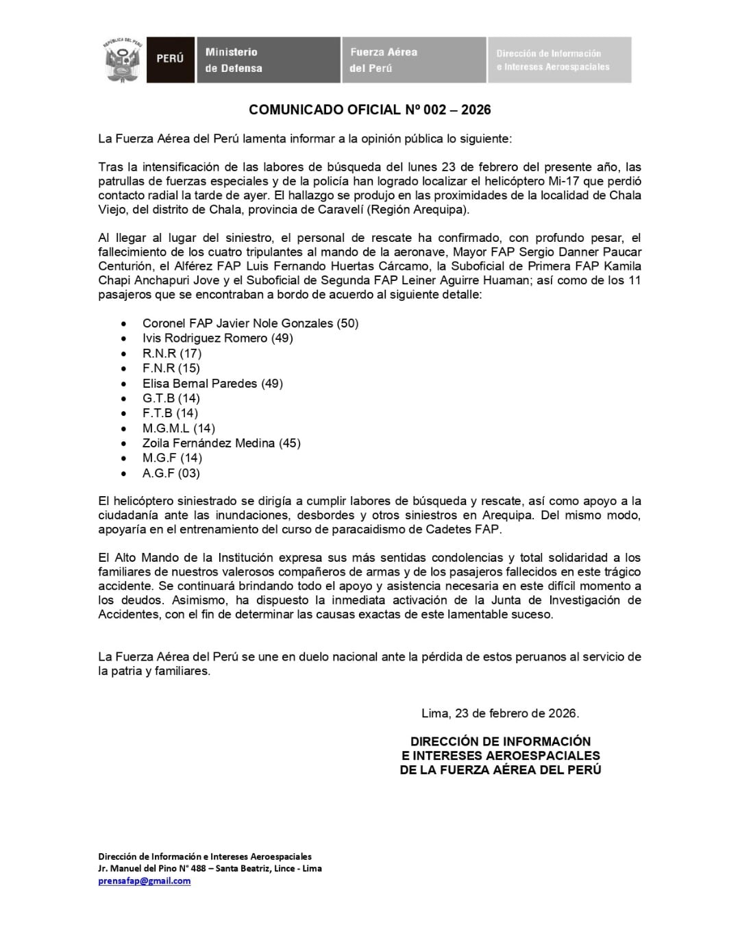 Comunicado de la FAP, lunes 23 de febrero.