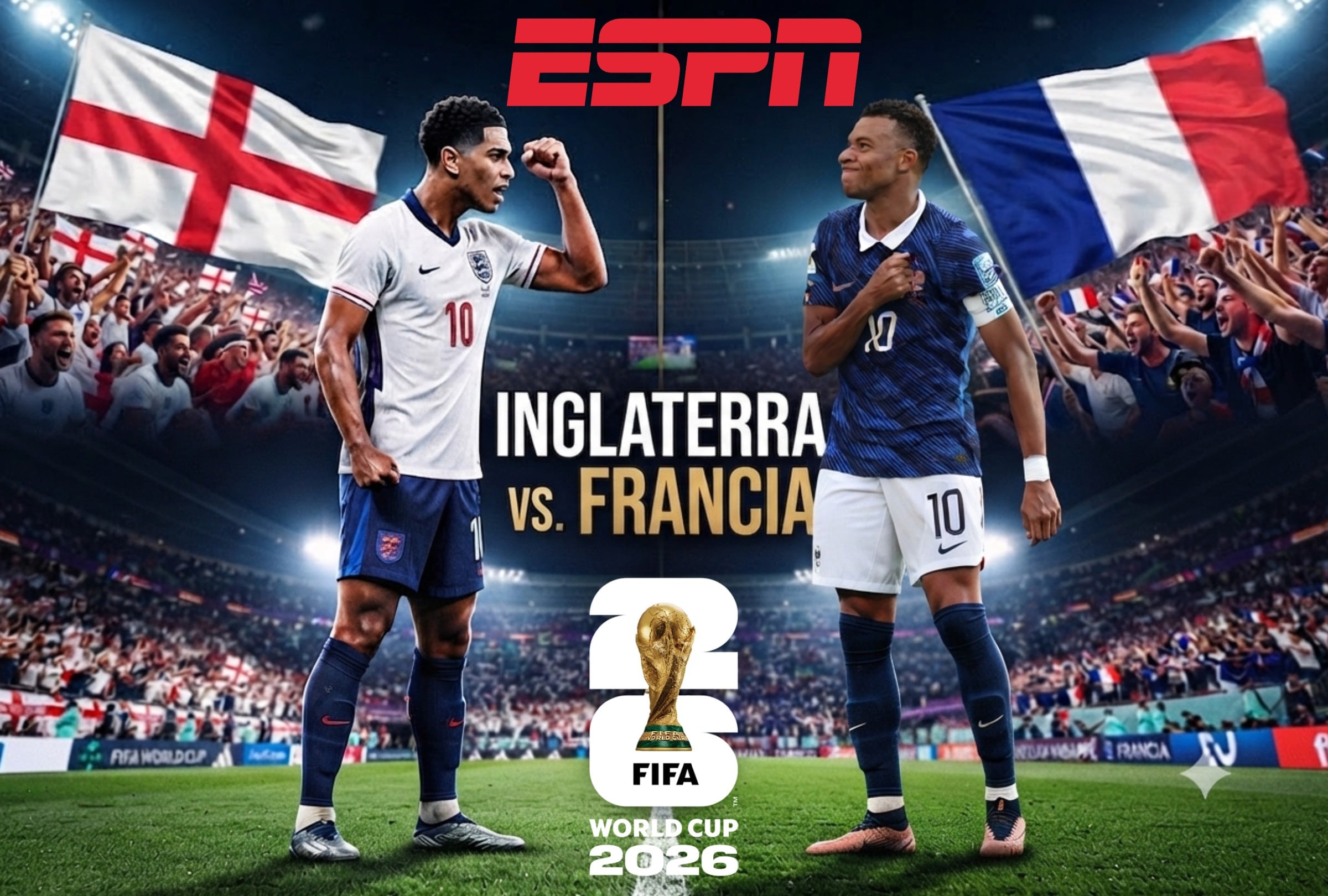 MIAMI, FLORIDA, (ESTADOS UNIDOS), 18/07/2026.- ESPN y Disney Plus transmitirá EN VIVO el partido de Francia vs. Inglaterra hoy sábado 18 de julio por el tercer lugar del Mundial 2026 desde Hard Rock Stadium, Miami, Florida, Estados Unidos. FOTO: Imagen creada por Gemini.