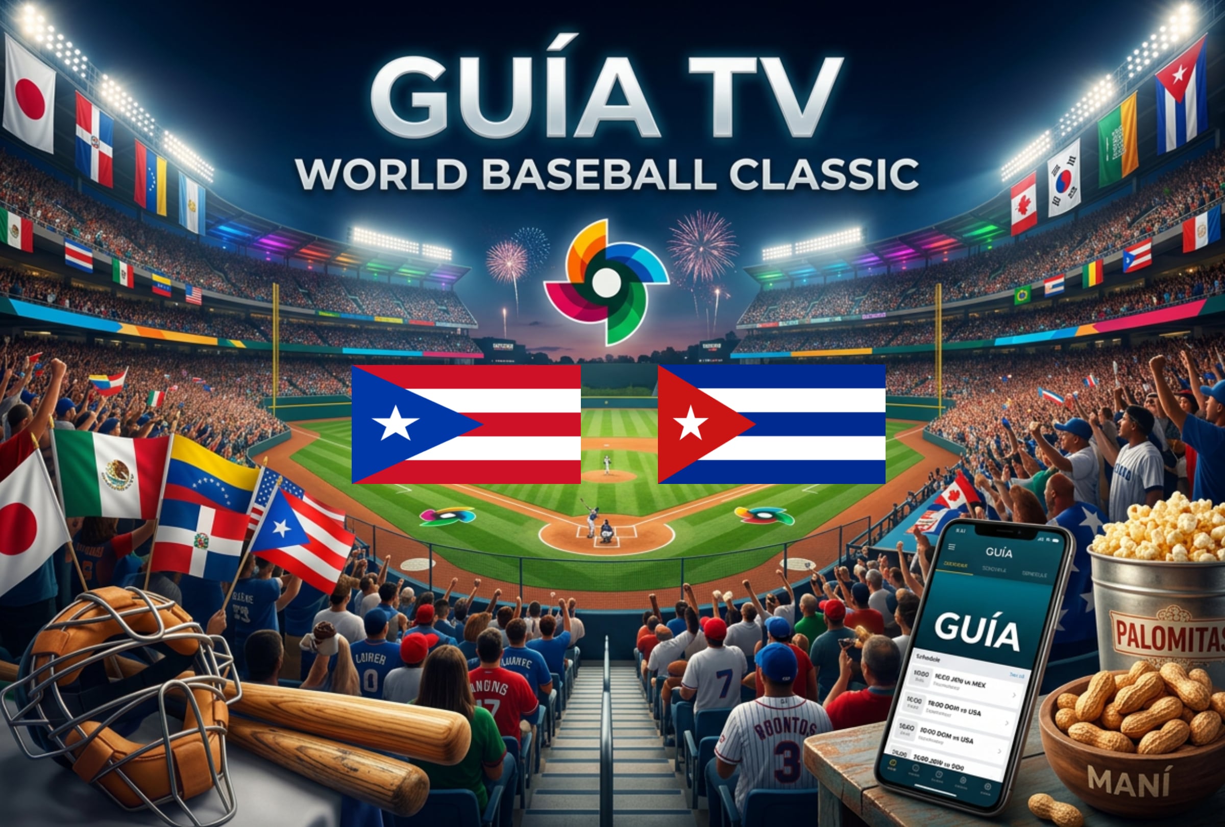 SAN JUAN (PUERTO RICO), 09/03/2026.- Lista de horarios y canales de TV para ver el juego entre Puerto Rico y Cuba este lunes 9 de marzo por la cuarta entrada del Clásico Mundial de Béisbol 2026 desde San Juan. FOTO DE NOÉ YACTAYO CREADO CON PERPLEXITY AI PARA GESTIÓN MIX