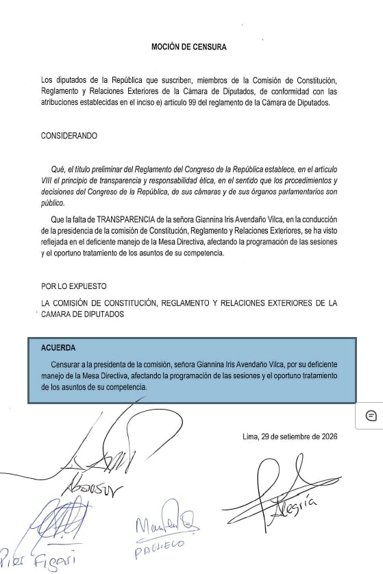 Moción de censura presentada contra Giannina Avendaño, presidenta de la Comisión de Constitución de la Cámara de Diputados. Foto: X / difusión