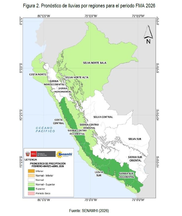 pronóstico de lluvias hasta abril del 2026. Fuente: Senamhi