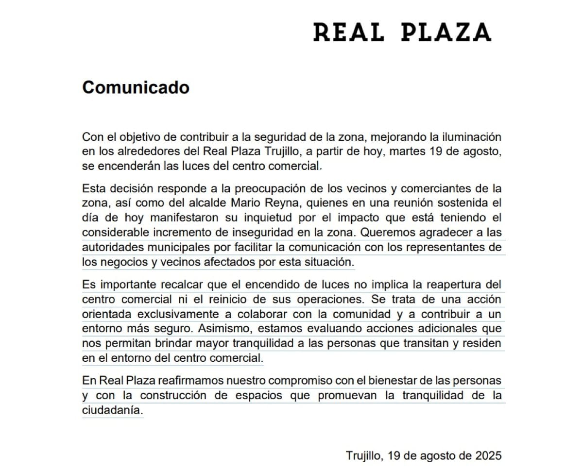 Real Plaza Trujillo anunció que encenderá las luces de sus instalaciones para reforzar la seguridad en la zona, medida que no implica la reapertura del centro comercial. Foto: Real Plaza.