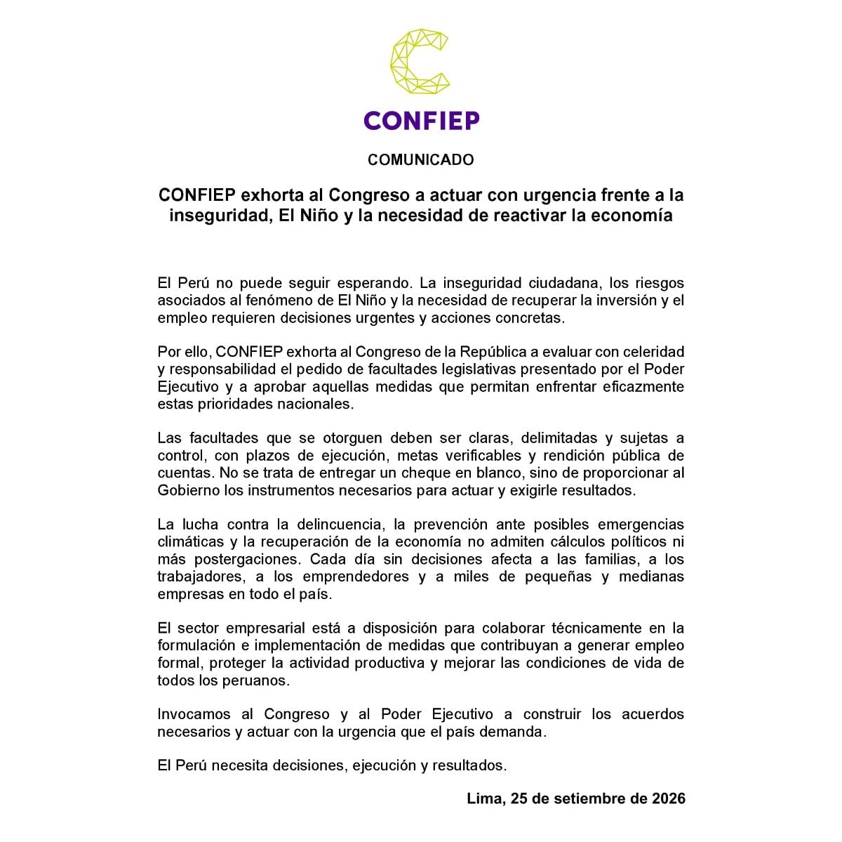 Comunicado de Confiep. Foto: X.