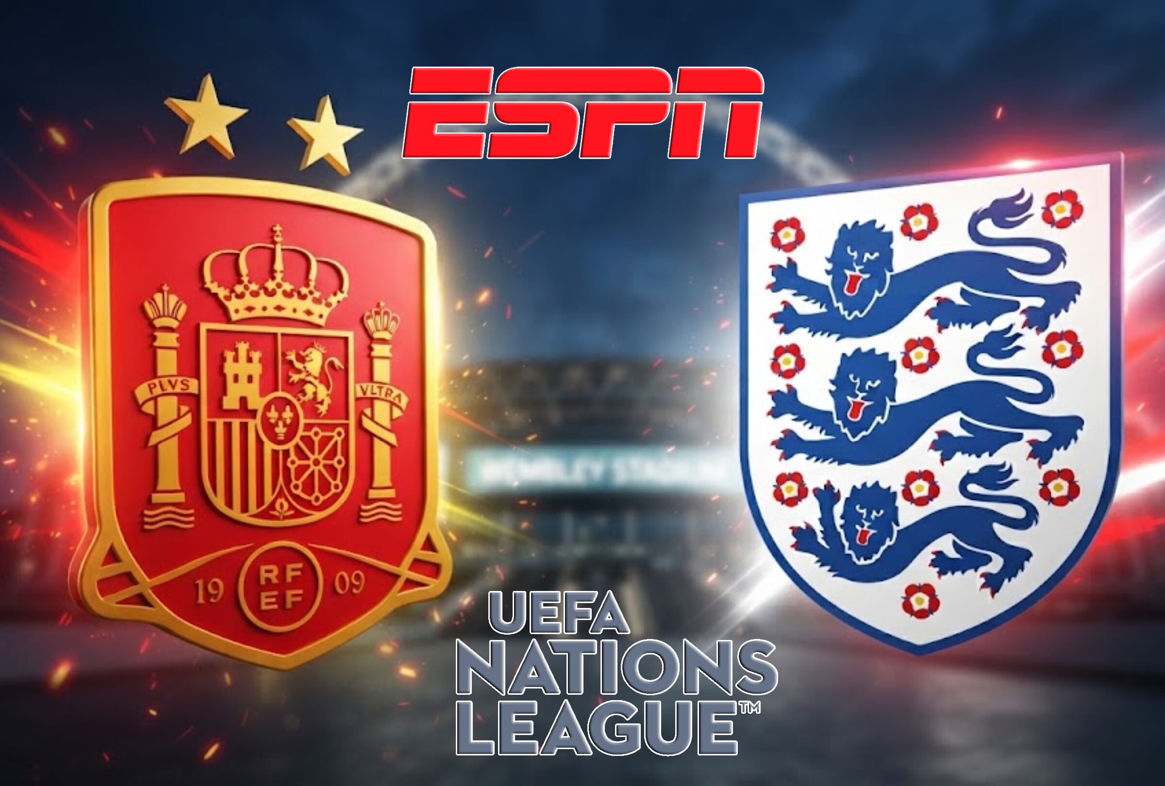 LONDRES, INGLATERRA, 26-09-2026.- ESPN y Disney Plus transmitirán EN VIVO el partido entre Inglaterra vs. España desde Wembley por la primera jornada de la Liga de Naciones de la UEFA. FOTO: Imagen creada por la IA de Gemini.