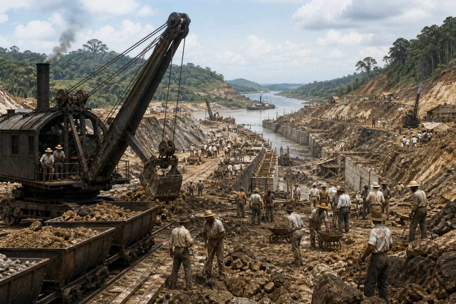 Trabajadores y maquinaria pesada avanzan en la construcción del Canal de Panamá en 1904, transformando el paisaje tropical histórico. Foto: Imagen generada con IA ChatGPT