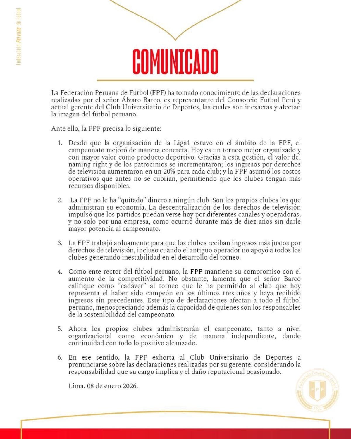 Comunicado de la FPF tras declaraciones de Álvaro Barco. Foto: X.